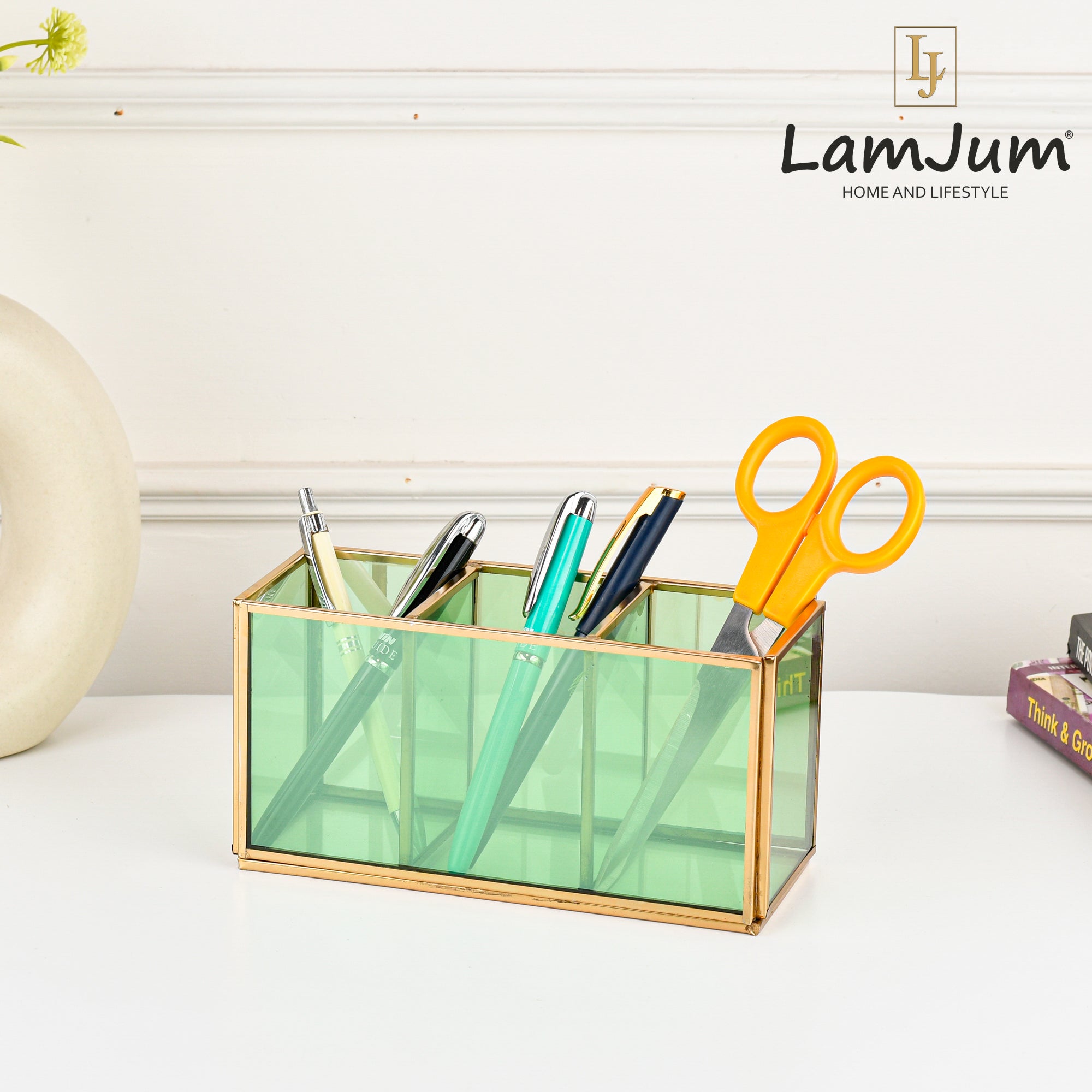 LamJum Decorative Multi-Purpose Green Glass Organiser with Three Compartments and Gold Rim.