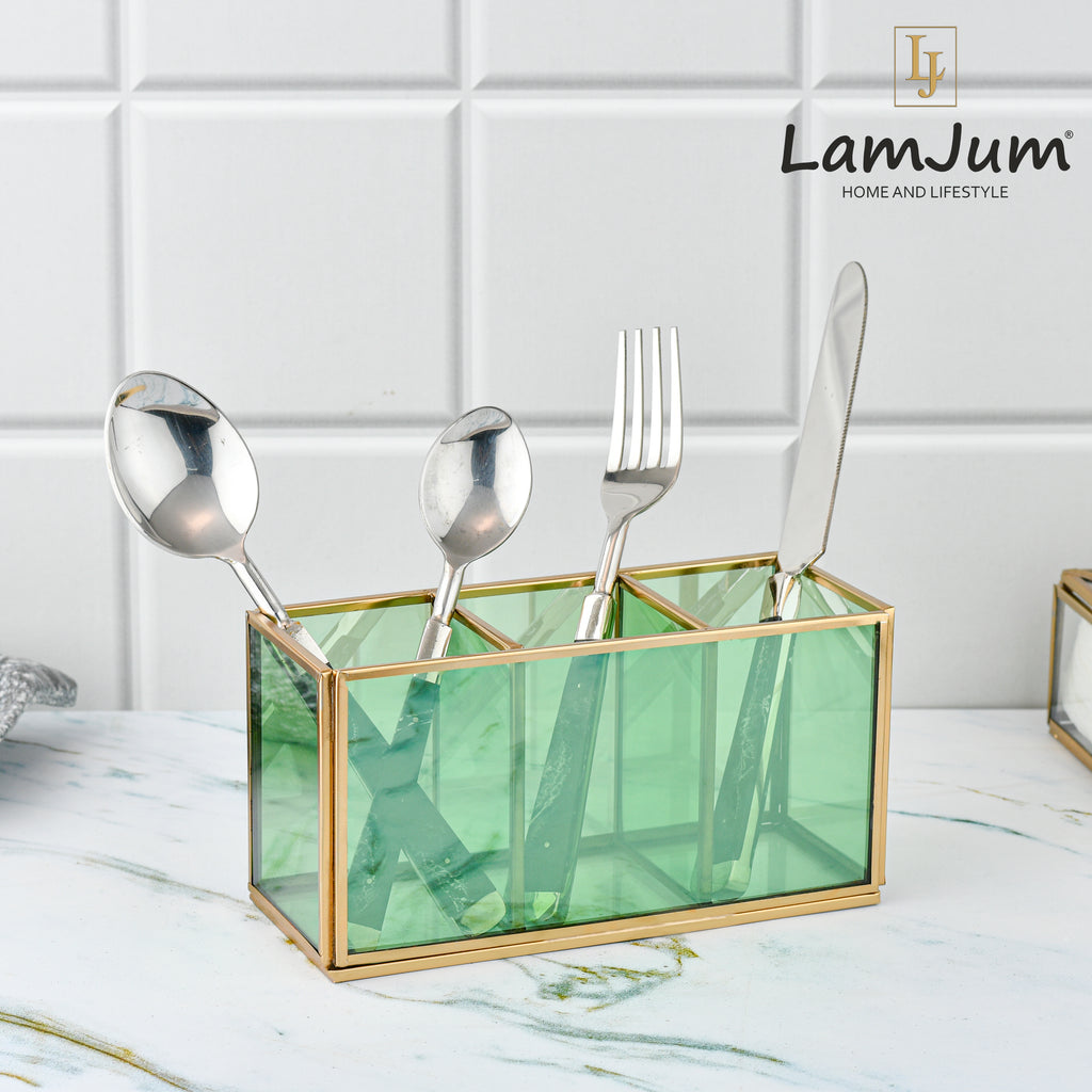 LamJum Decorative Multi-Purpose Green Glass Organiser with Three Compartments and Gold Rim.