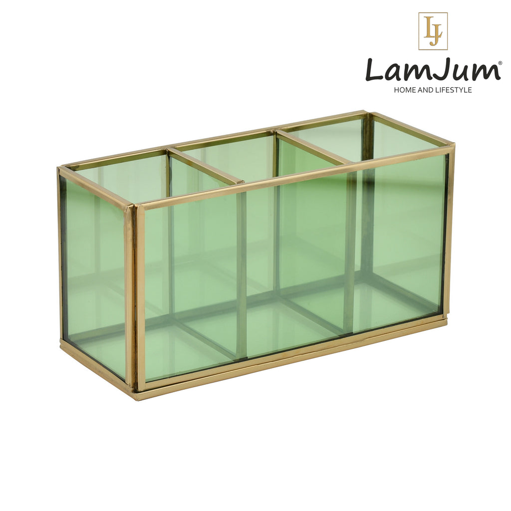 LamJum Decorative Multi-Purpose Green Glass Organiser with Three Compartments and Gold Rim.
