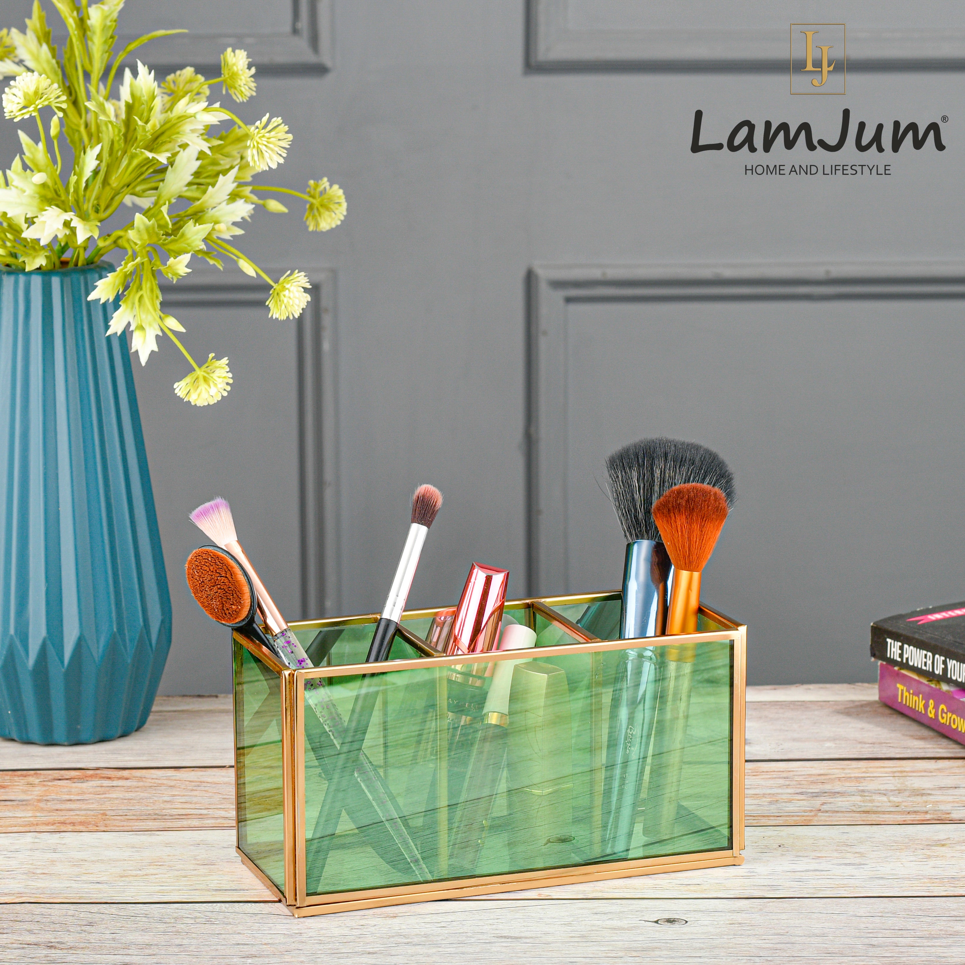 LamJum Decorative Multi-Purpose Green Glass Organiser with Three Compartments and Gold Rim.