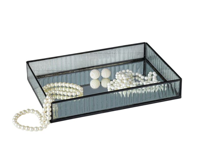 LamJum Decorative Fluted Glass Tray with Black Rim and Mirror Base