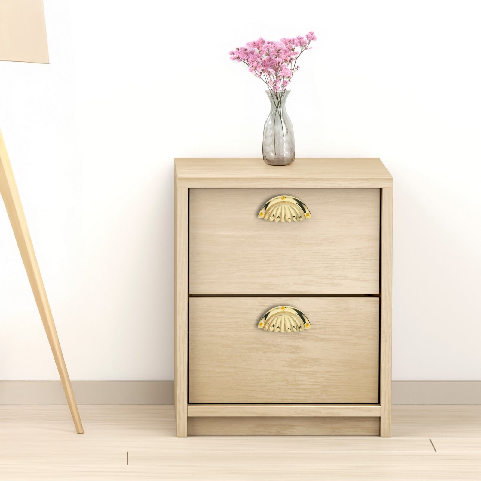 LamJum Polished Brass Cup Shaped Drawer Pull With Fluted Sea Shell Design Set of 2