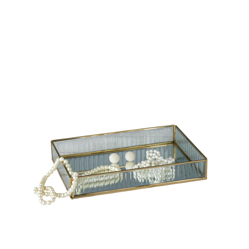 LamJum Decorative Fluted Glass Tray with Gold Rim and Mirror Base