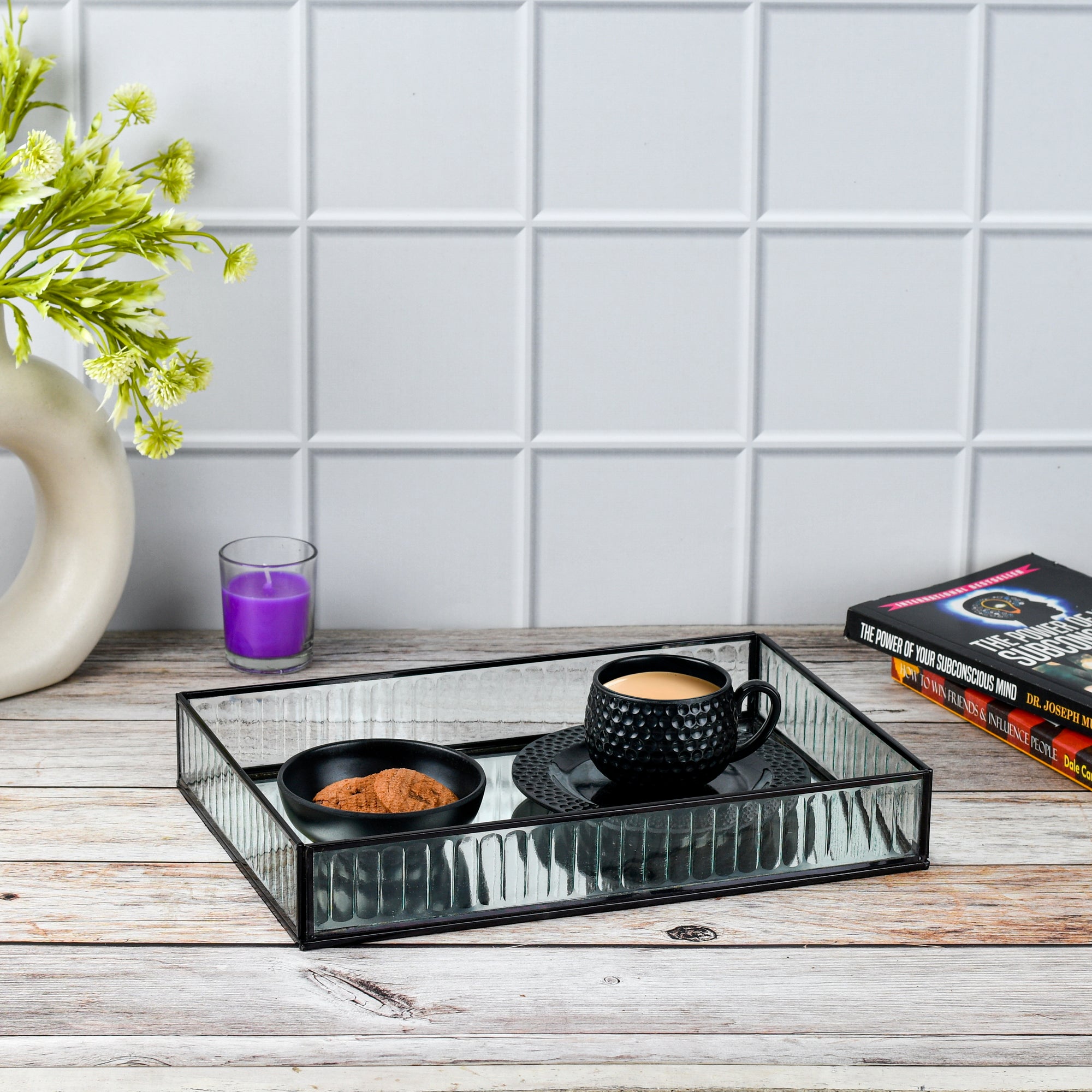 LamJum Decorative Fluted Glass Tray with Black Rim and Mirror Base