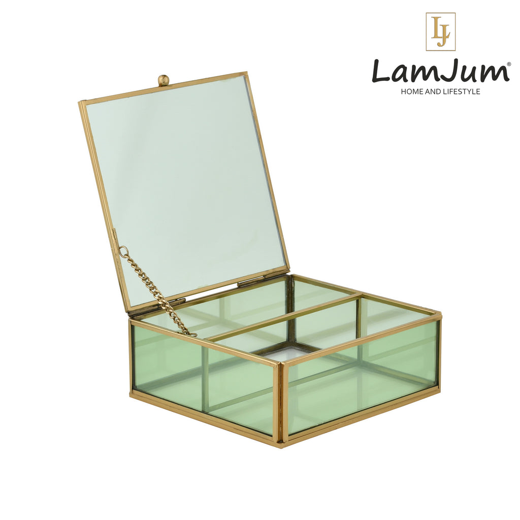 LamJum Decorative Green Glass Medicine cum Jewellery Storage Box with Lid and Gold Rim