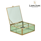 LamJum Decorative Green Glass Medicine cum Jewellery Storage Box with Lid and Gold Rim
