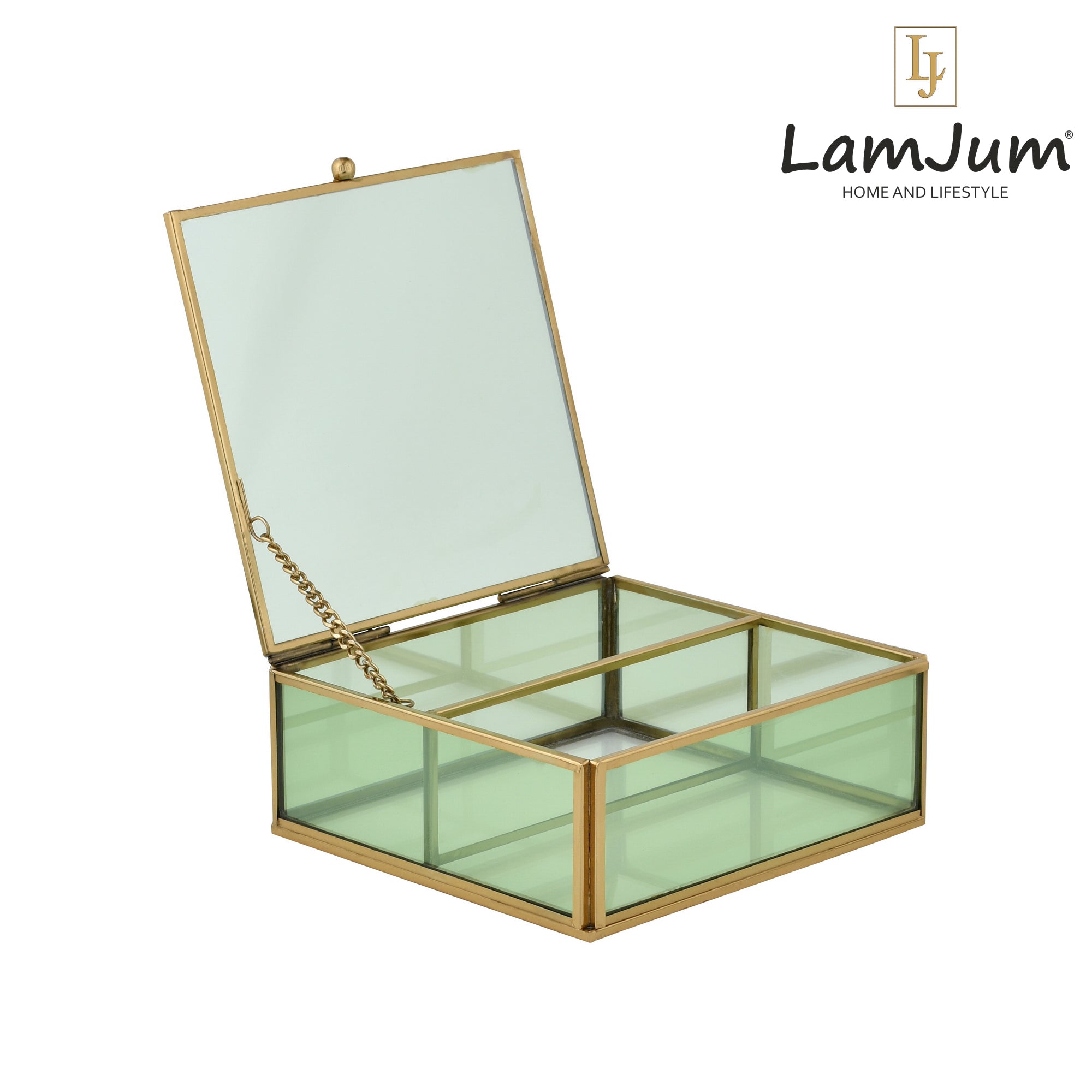 LamJum Decorative Green Glass Medicine cum Jewellery Storage Box with Lid and Gold Rim
