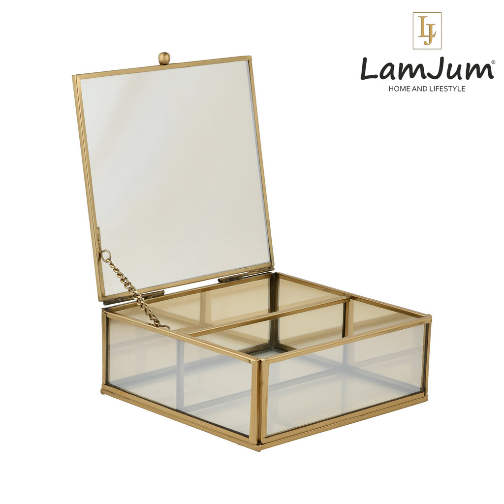 LamJum Decorative Gold Glass Medicine cum Jewellery Storage Box with Lid and Gold Rim