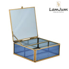 LamJum Decorative Blue Glass Medicine cum Jewellery Storage Box with Lid and Gold Rim