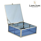 LamJum Decorative Blue Glass Medicine cum Jewellery Storage Box with Lid and Silver Rim