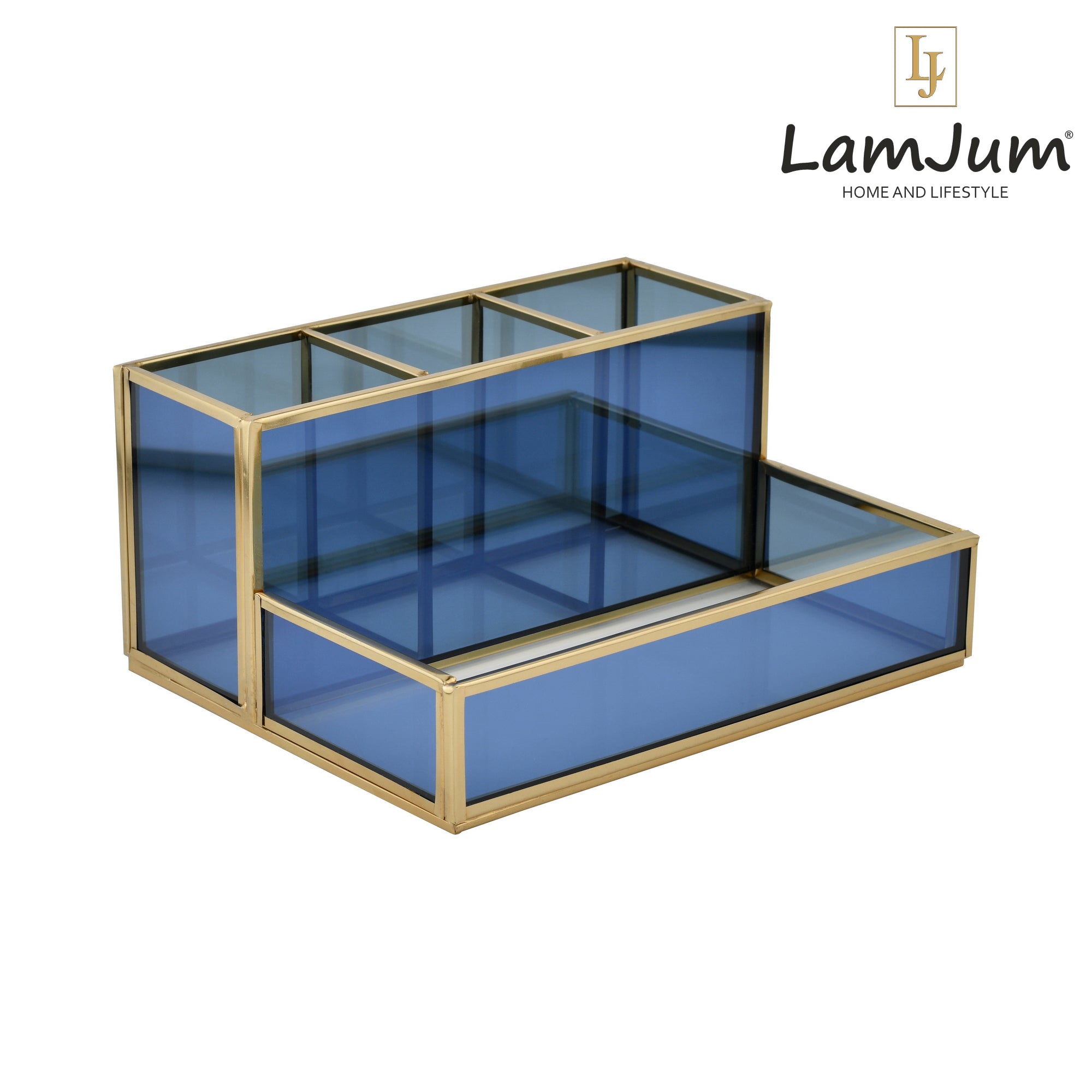 LamJum Multi Compartment Blue Glass Organiser with Gold Rim.