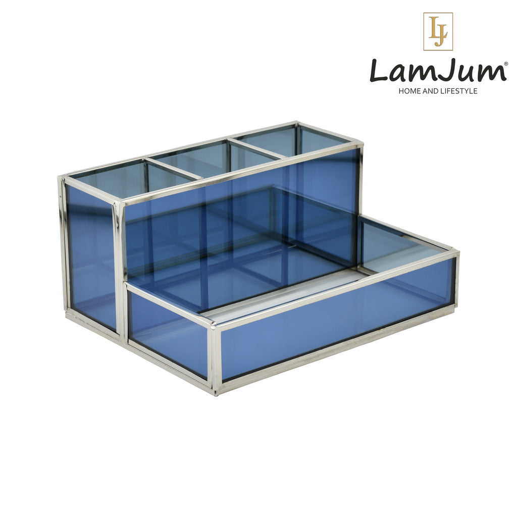 LamJum Multi Compartment Blue Glass Organiser with Silver Rim.