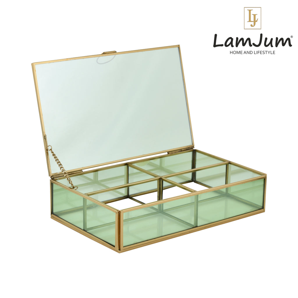 LamJum DecorativeGreen Glass Four Compartment Medicine cum Jewellery Storage Box with Lid and Gold Rim