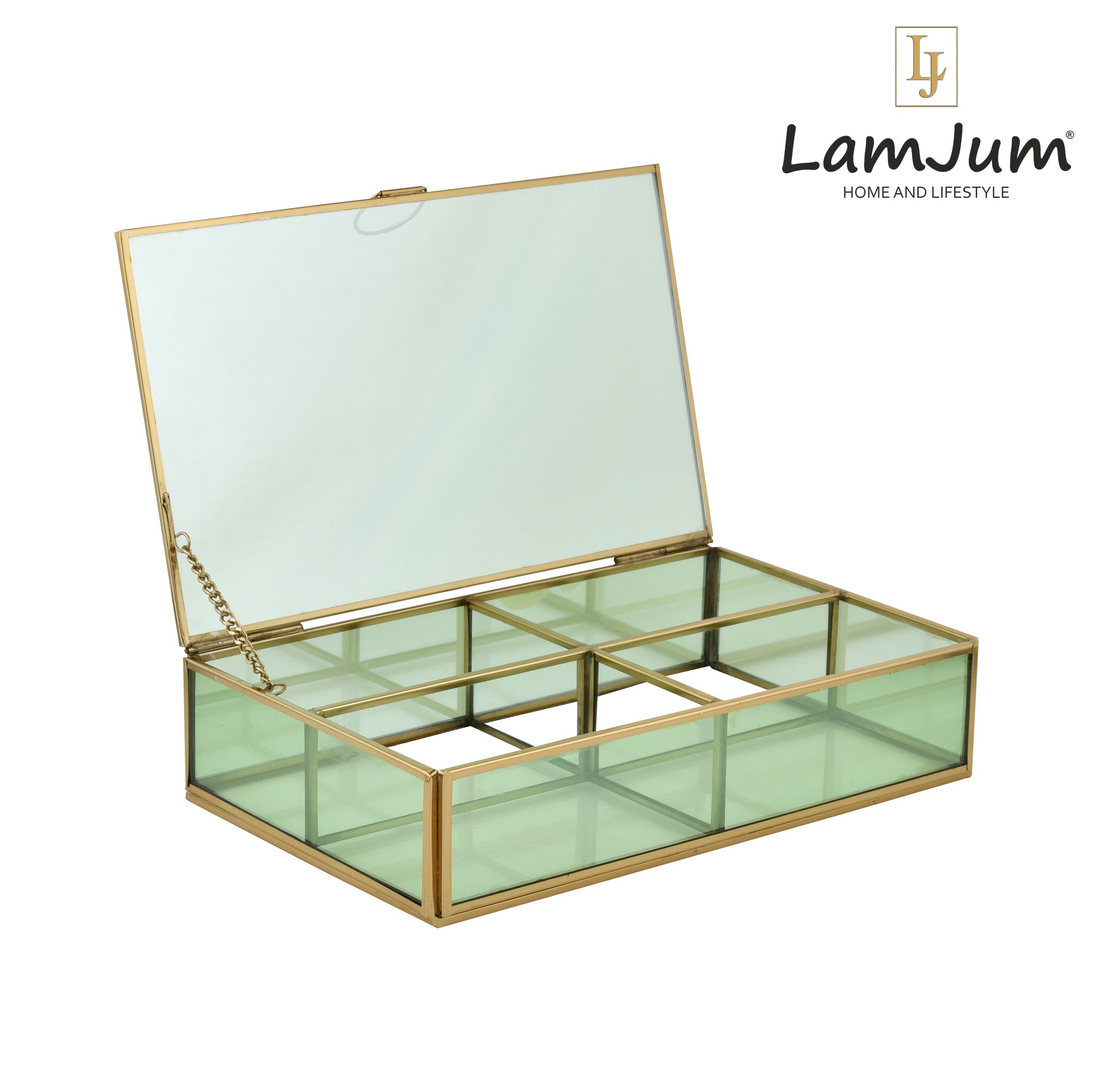 LamJum DecorativeGreen Glass Four Compartment Medicine cum Jewellery Storage Box with Lid and Gold Rim
