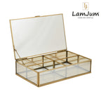 LamJum Decorative Gold Glass Four Compartment Medicine cum Jewellery Storage Box with Lid and Gold Rim