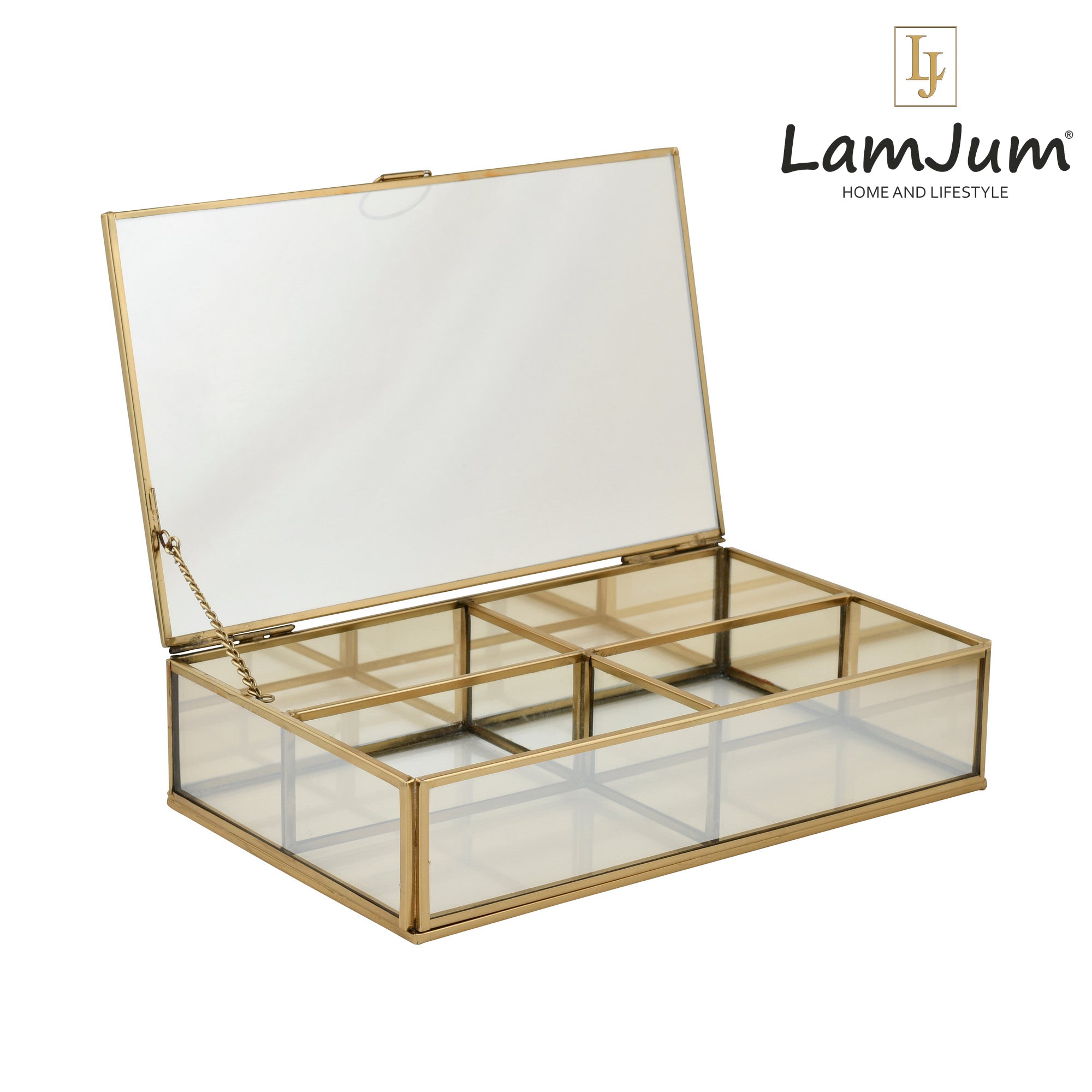 LamJum Decorative Gold Glass Four Compartment Medicine cum Jewellery Storage Box with Lid and Gold Rim