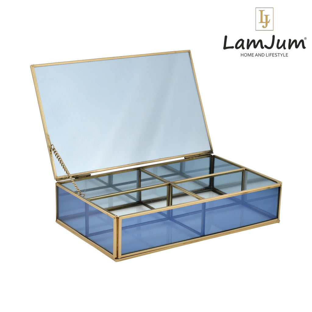 LamJum Decorative Blue Glass Four Compartment Medicine cum Jewellery Storage Box with Lid and Gold Rim