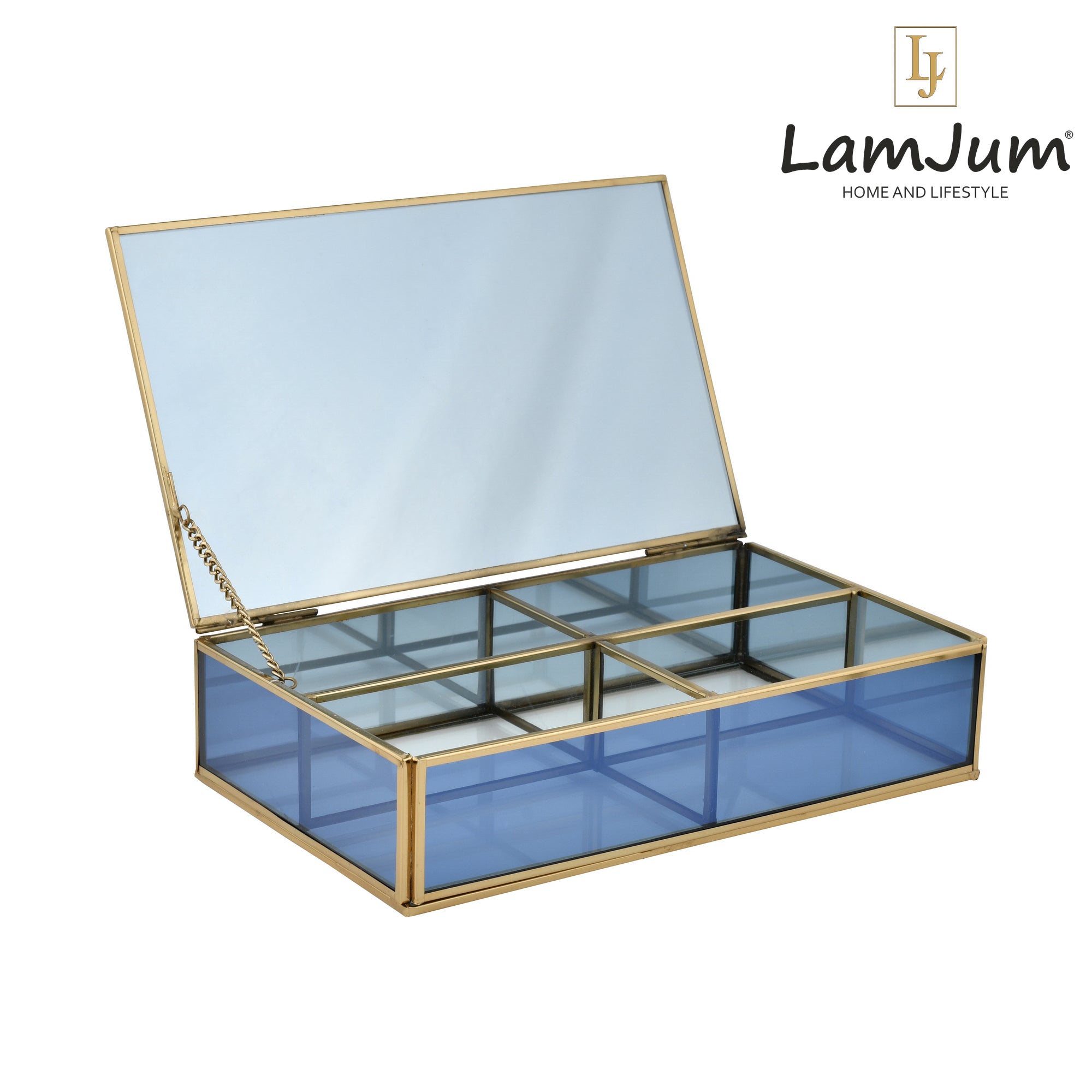 LamJum Decorative Blue Glass Four Compartment Medicine cum Jewellery Storage Box with Lid and Gold Rim
