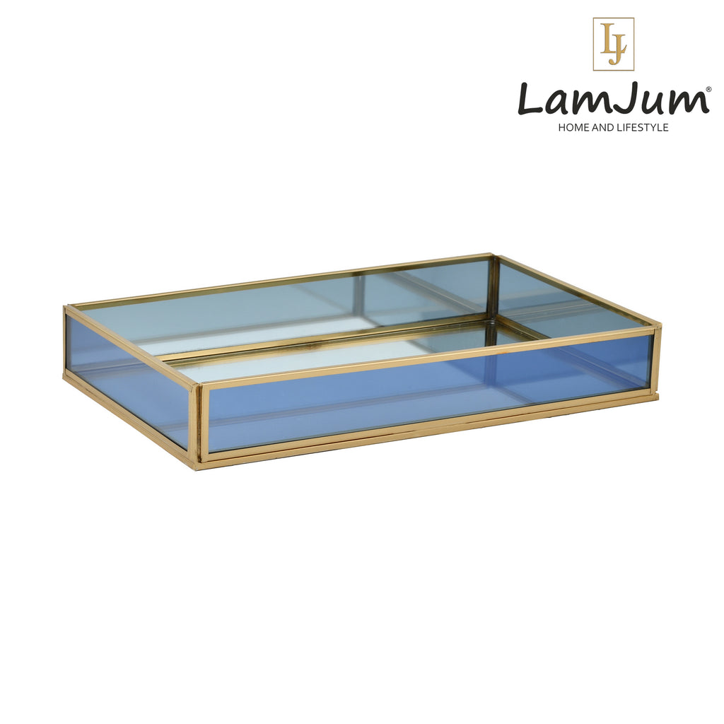 LamJum Decorative Blue Glass Tray with Gold Rim and Mirror Base