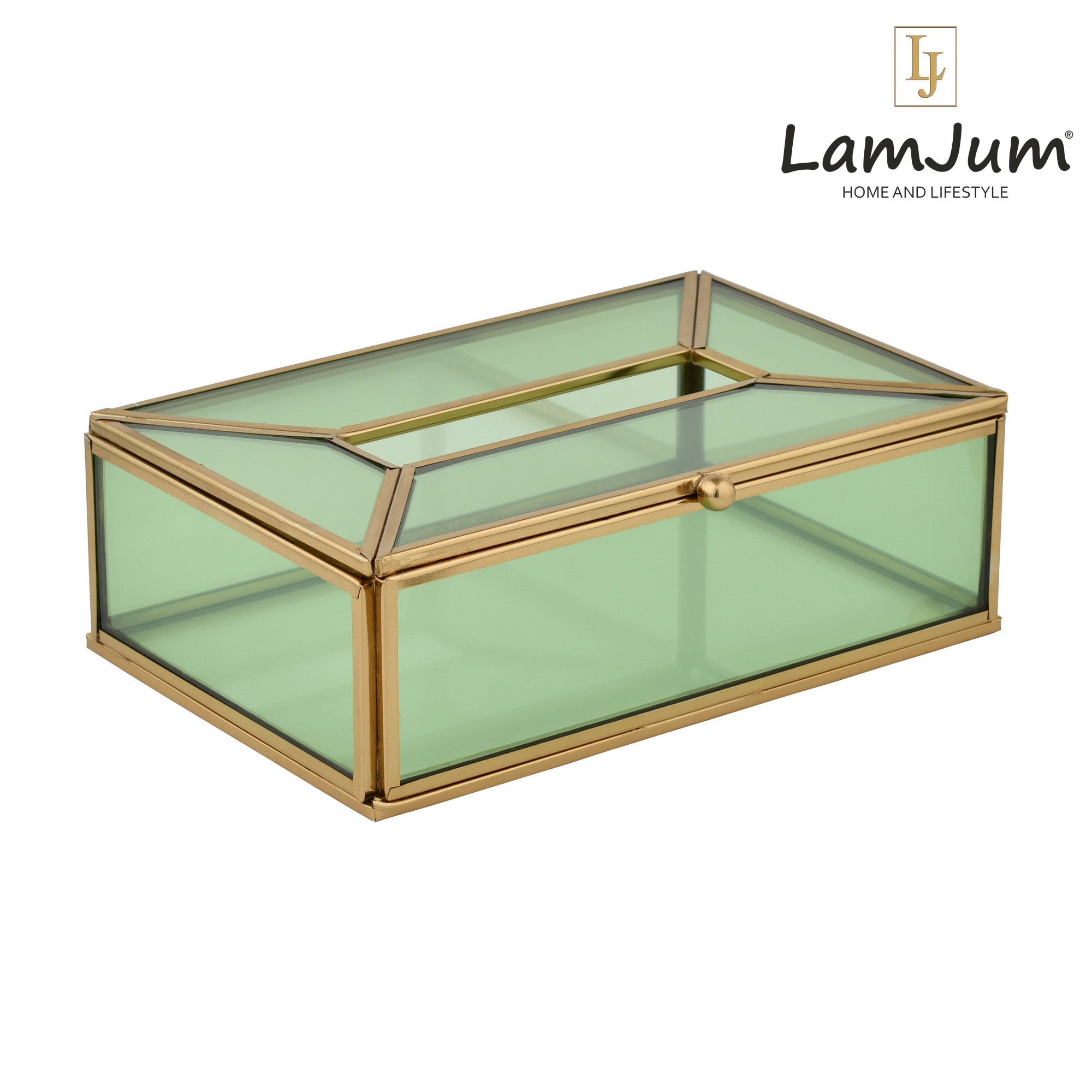 LamJum Decorative Green Glass Tissue Box with Gold Rim