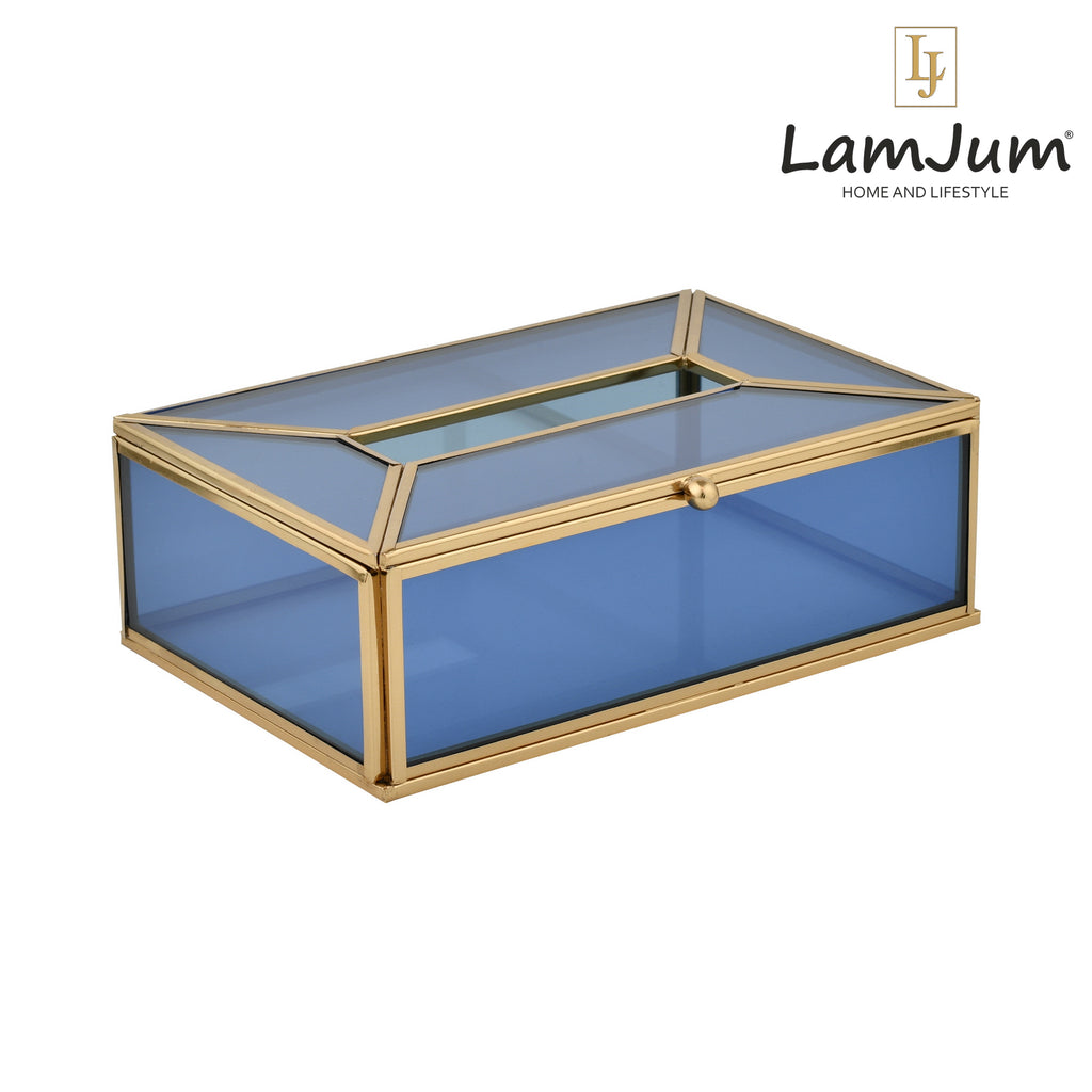 LamJum Decorative Blue Glass Tissue Box with Gold Rim