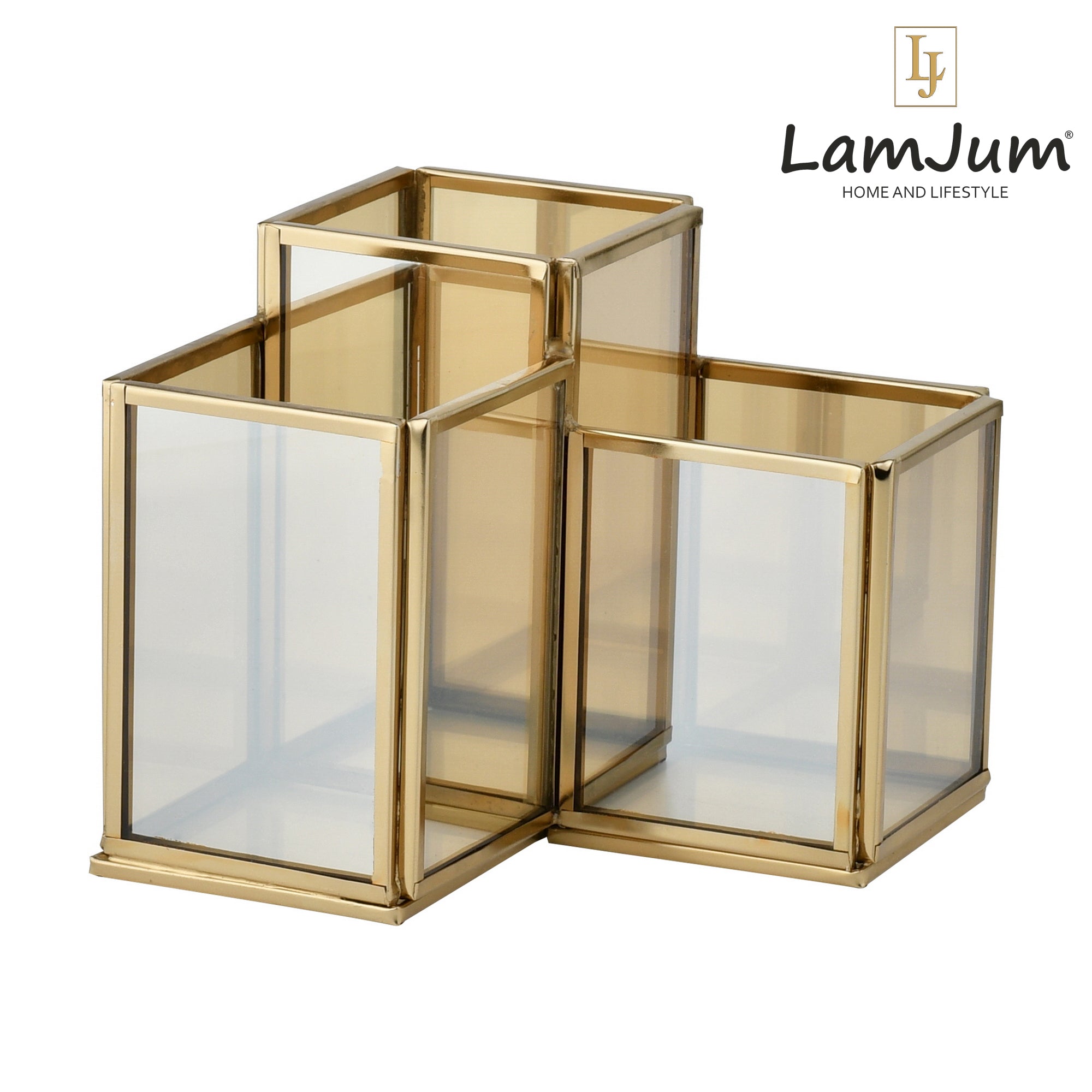 LamJum Geometric Stepped Multi-Purpose Gold Glass Three Compartments Organiser with Gold Rim.