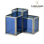 LamJum Geometric Stepped Multi-Purpose Blue Glass Three Compartments Organiser with Silver Rim.