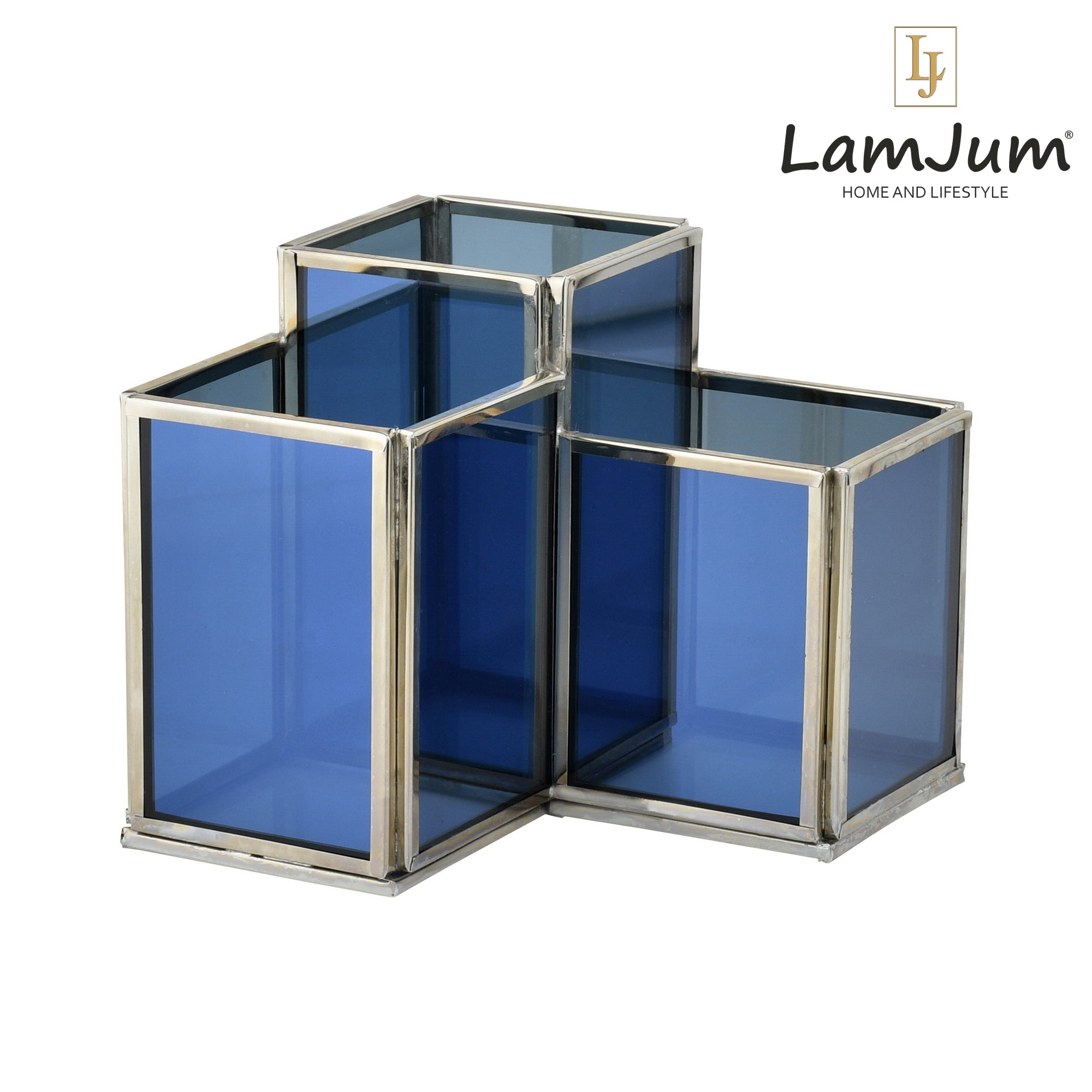 LamJum Geometric Stepped Multi-Purpose Blue Glass Three Compartments Organiser with Silver Rim.