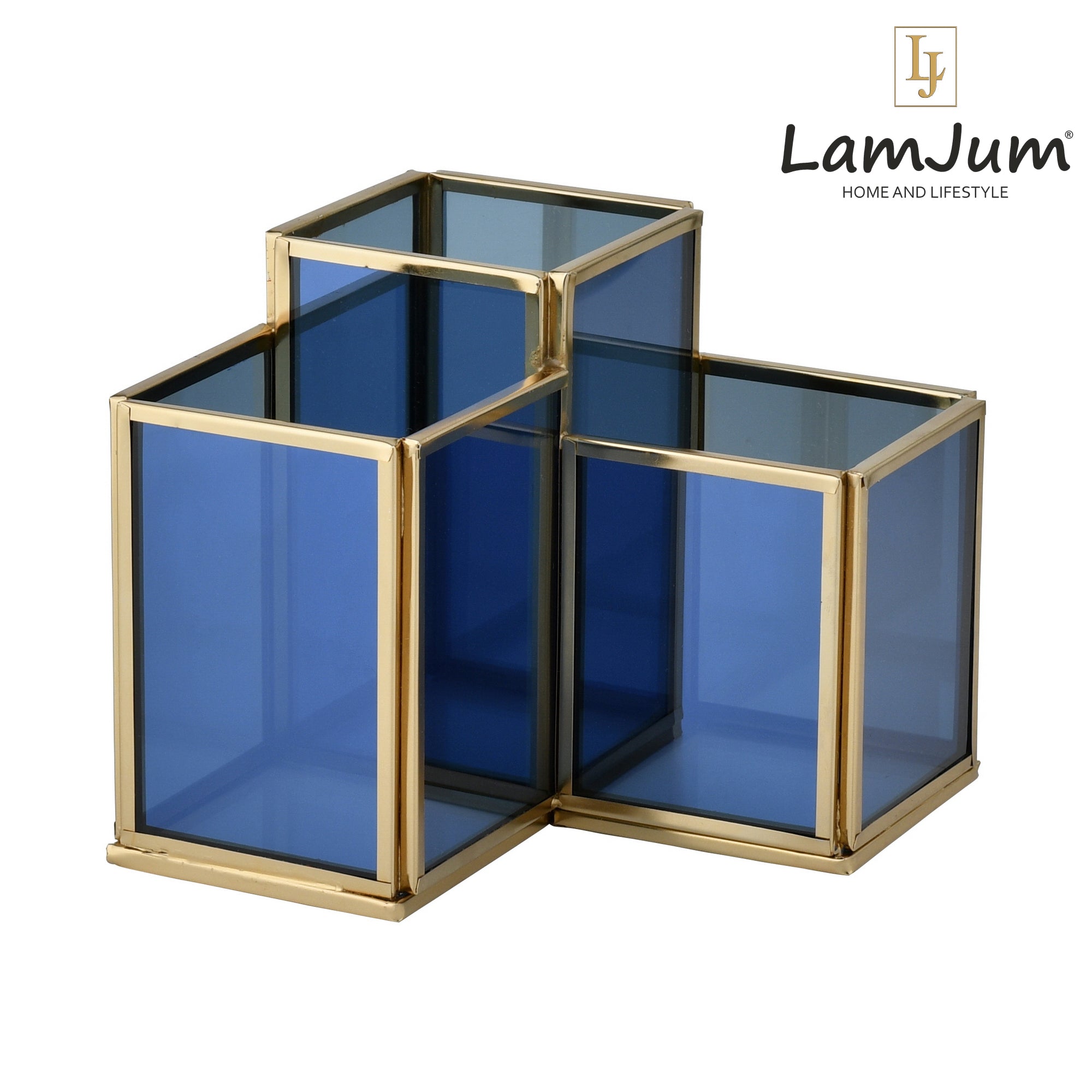 LamJum Geometric Stepped Multi-Purpose Blue Glass Three Compartments Organiser with Gold Rim.