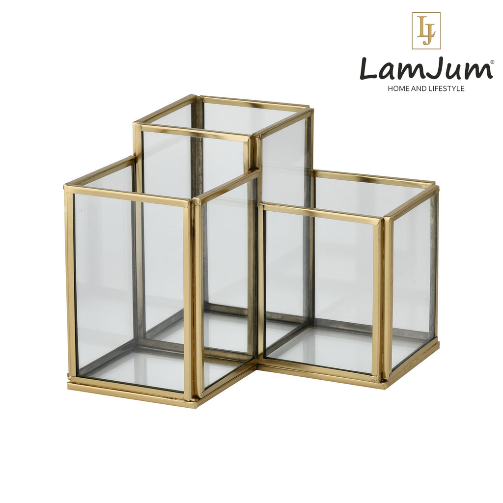 LamJum Square Multi-Purpose Clear Glass Three Stepped Compartments Organiser with Gold Rim.