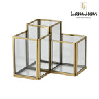 LamJum Square Multi-Purpose Clear Glass Three Stepped Compartments Organiser with Gold Rim.