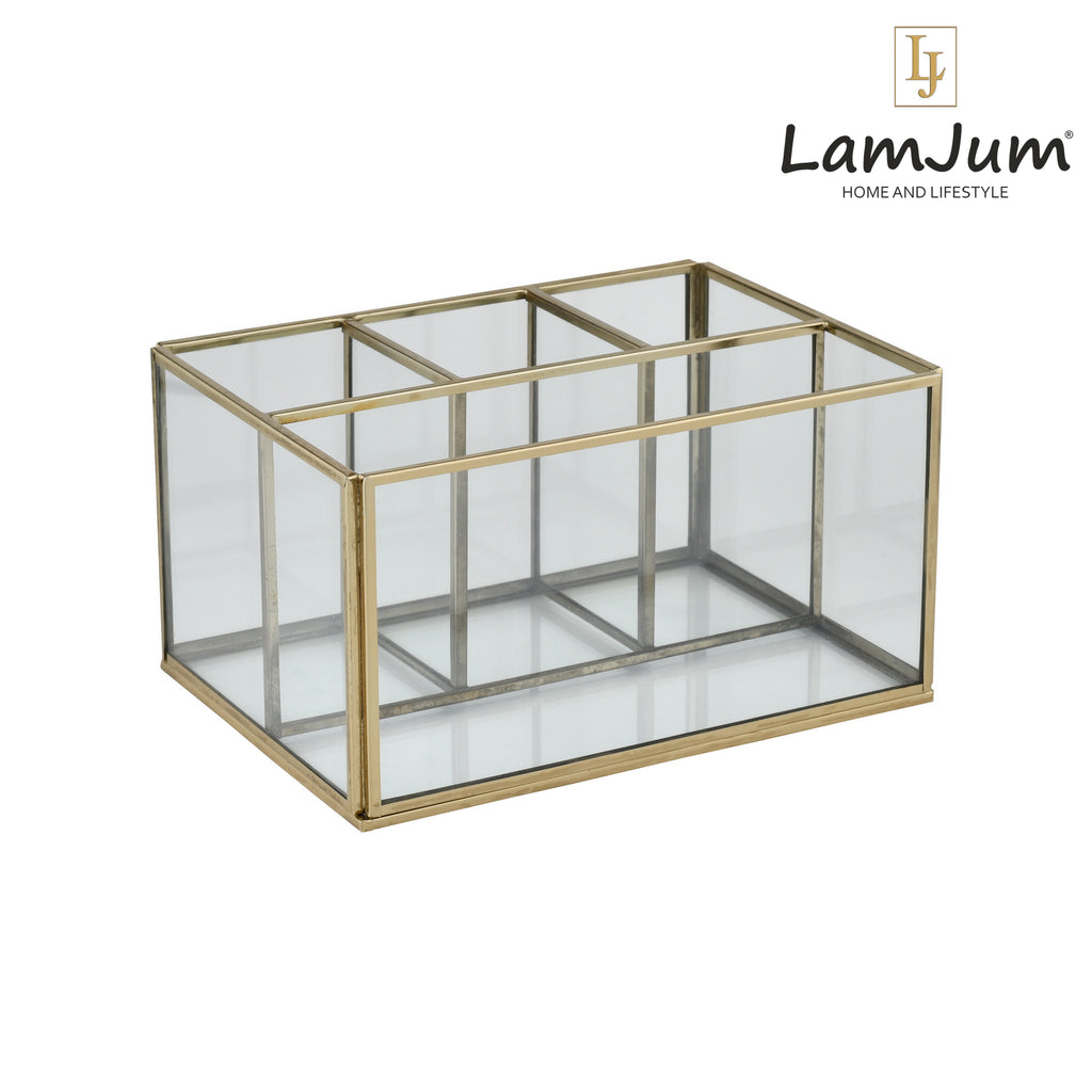 LamJum Multi Compartment Clear Glass Organiser and Tissue Holder with Gold Rim.