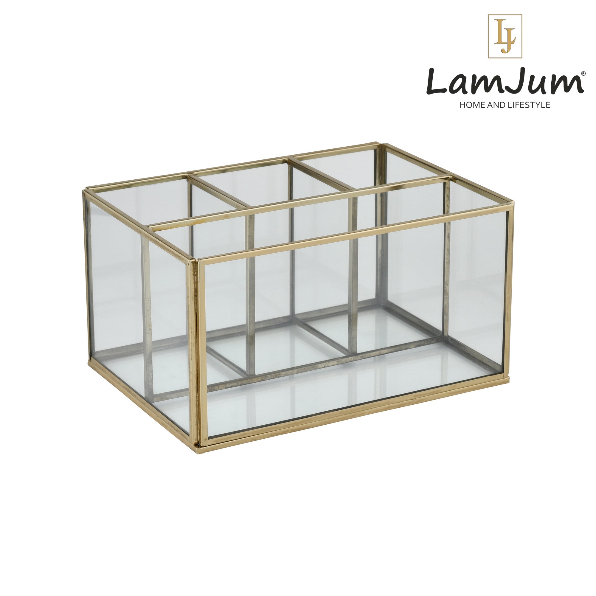 LamJum Multi Compartment Clear Glass Organiser and Tissue Holder with Gold Rim.