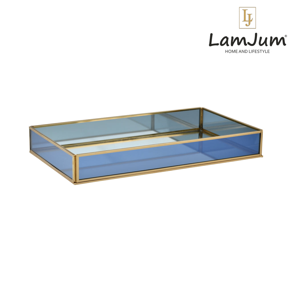 LamJum Decorative Blue Glass Tray with Gold Rim and Mirror Base