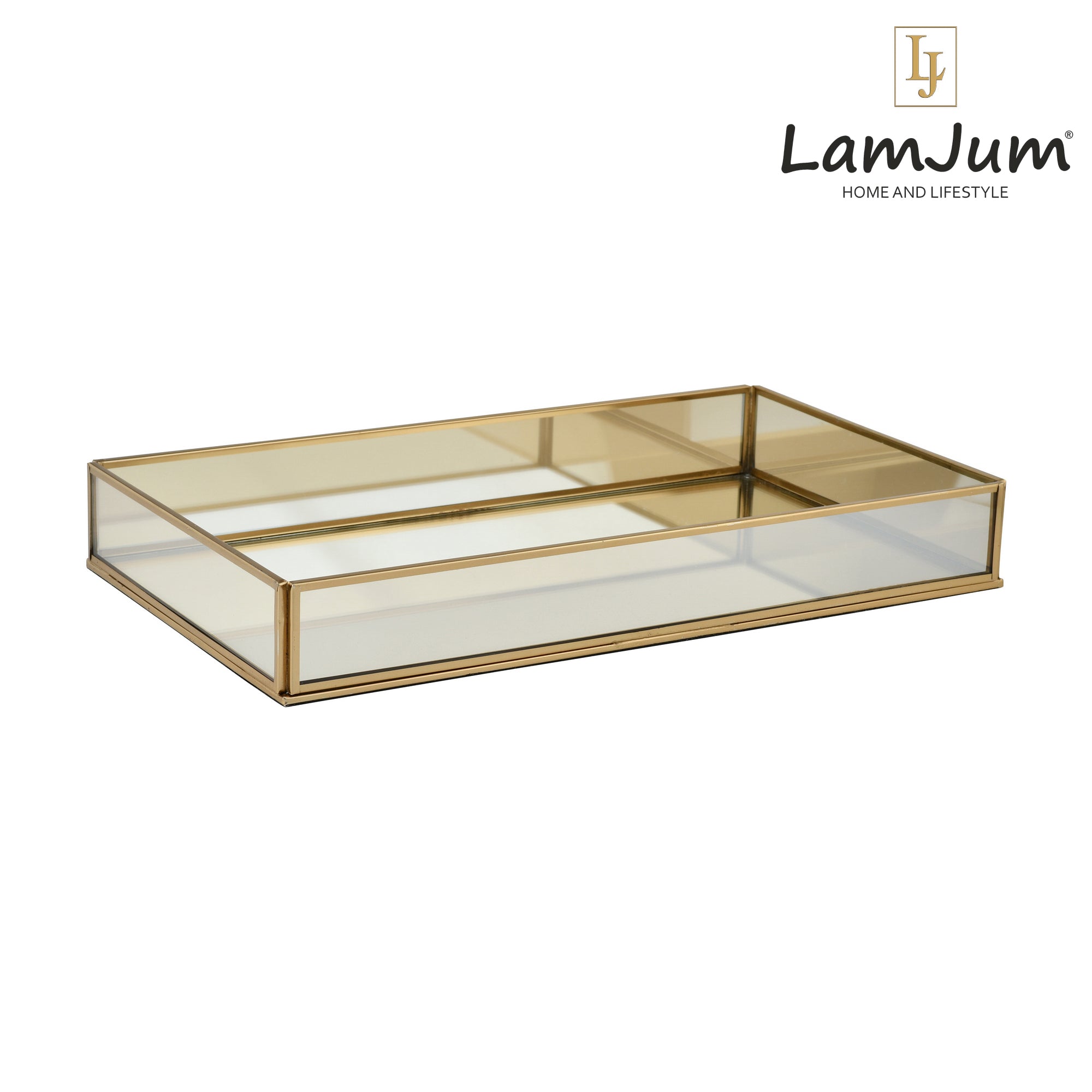 LamJum Decorative Gold Glass Tray with Gold Rim and Mirror Base