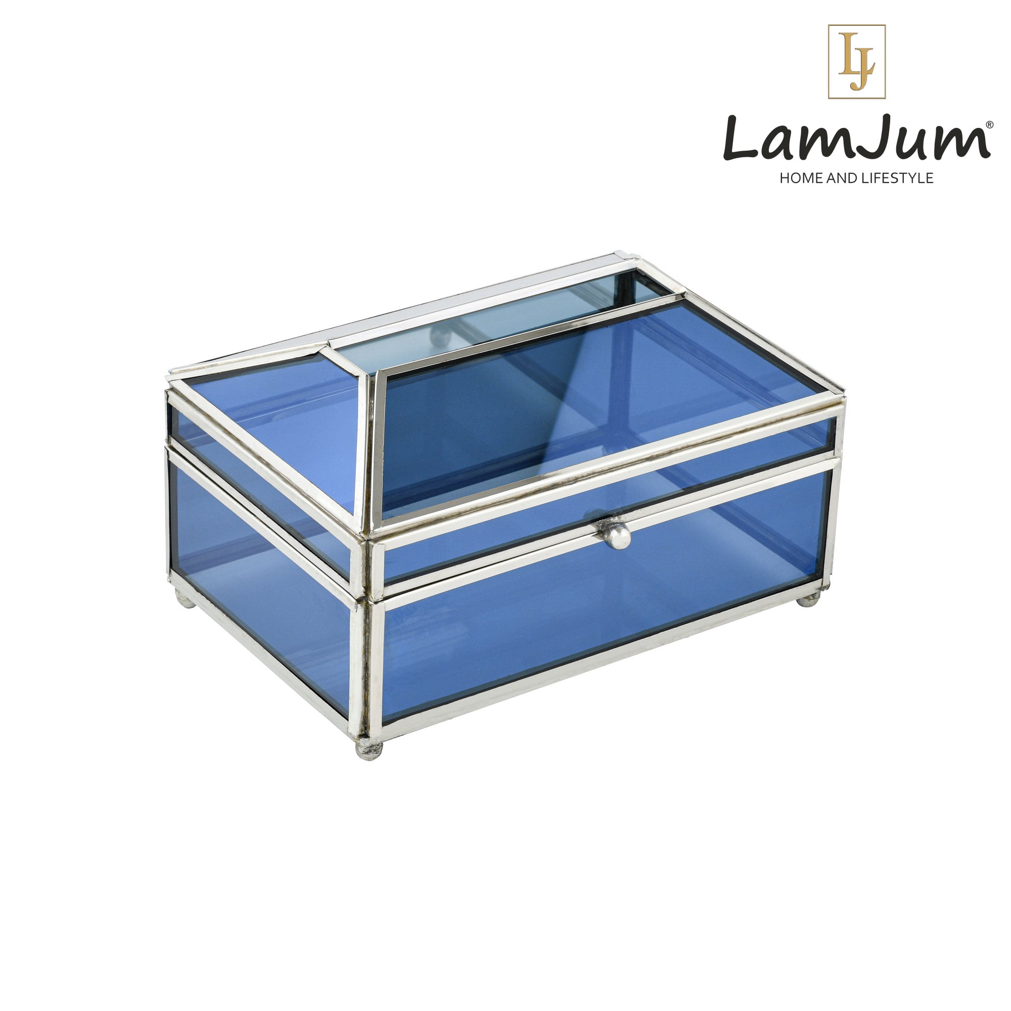 LamJum Decorative Blue Glass Tissue Box with Silver Rim