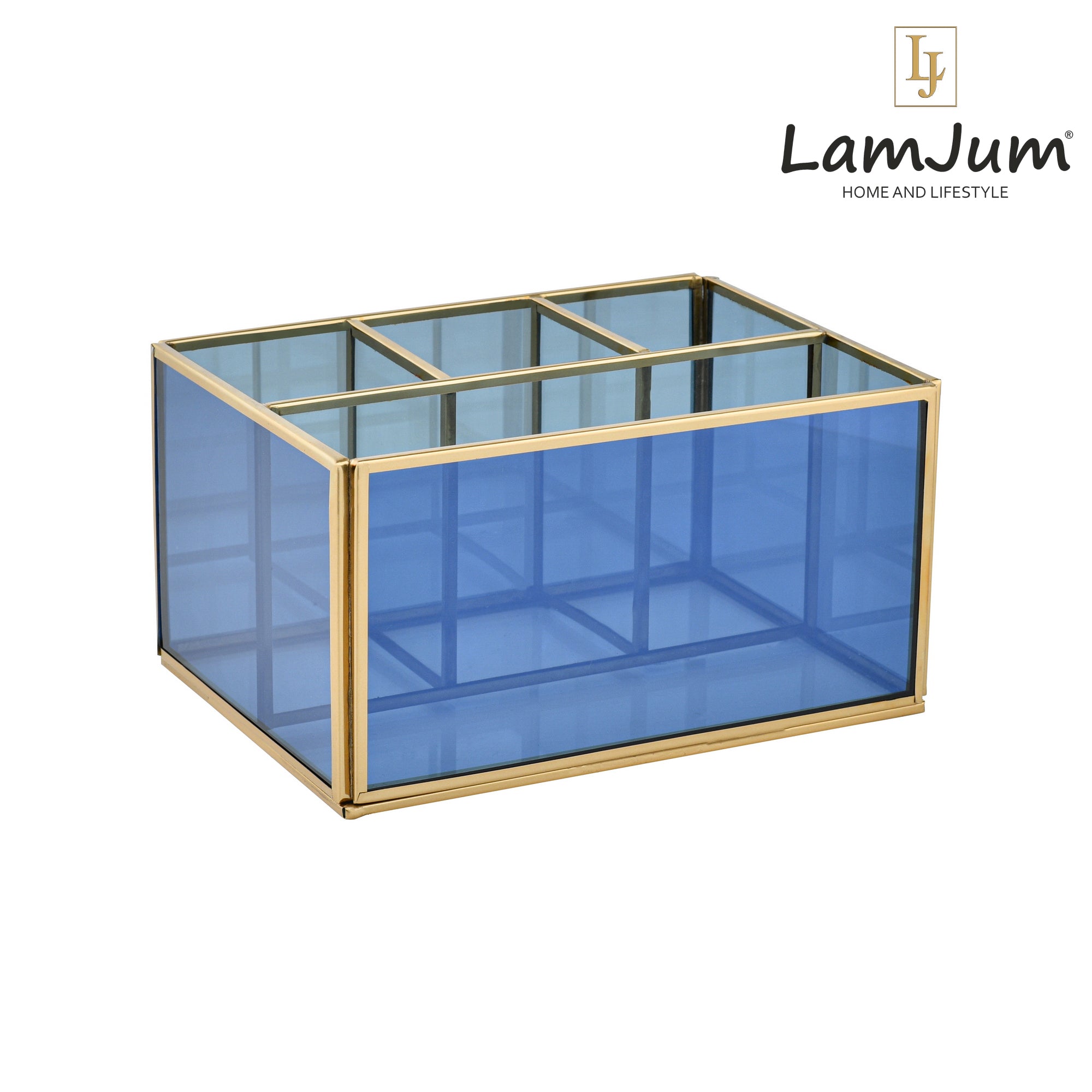 LamJum Multi Compartment Blue Glass Organiser and Tissue Holder with Gold Rim.