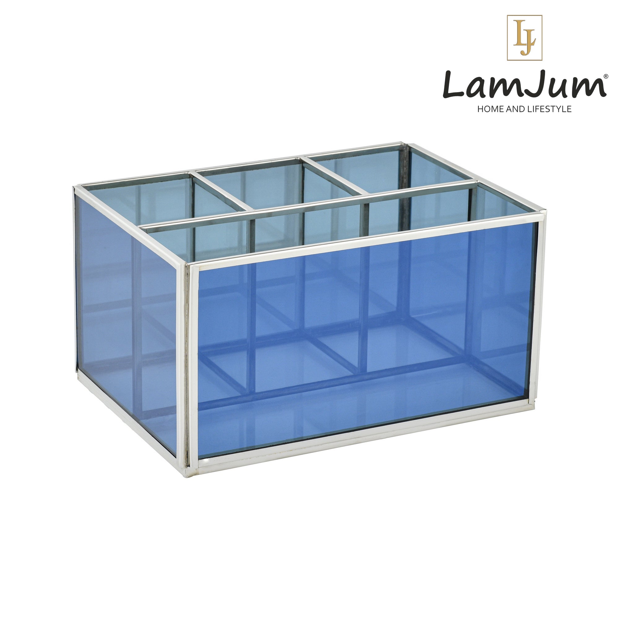 LamJum Multi Compartment Blue Glass Organiser and Tissue Holder with Silver Rim.