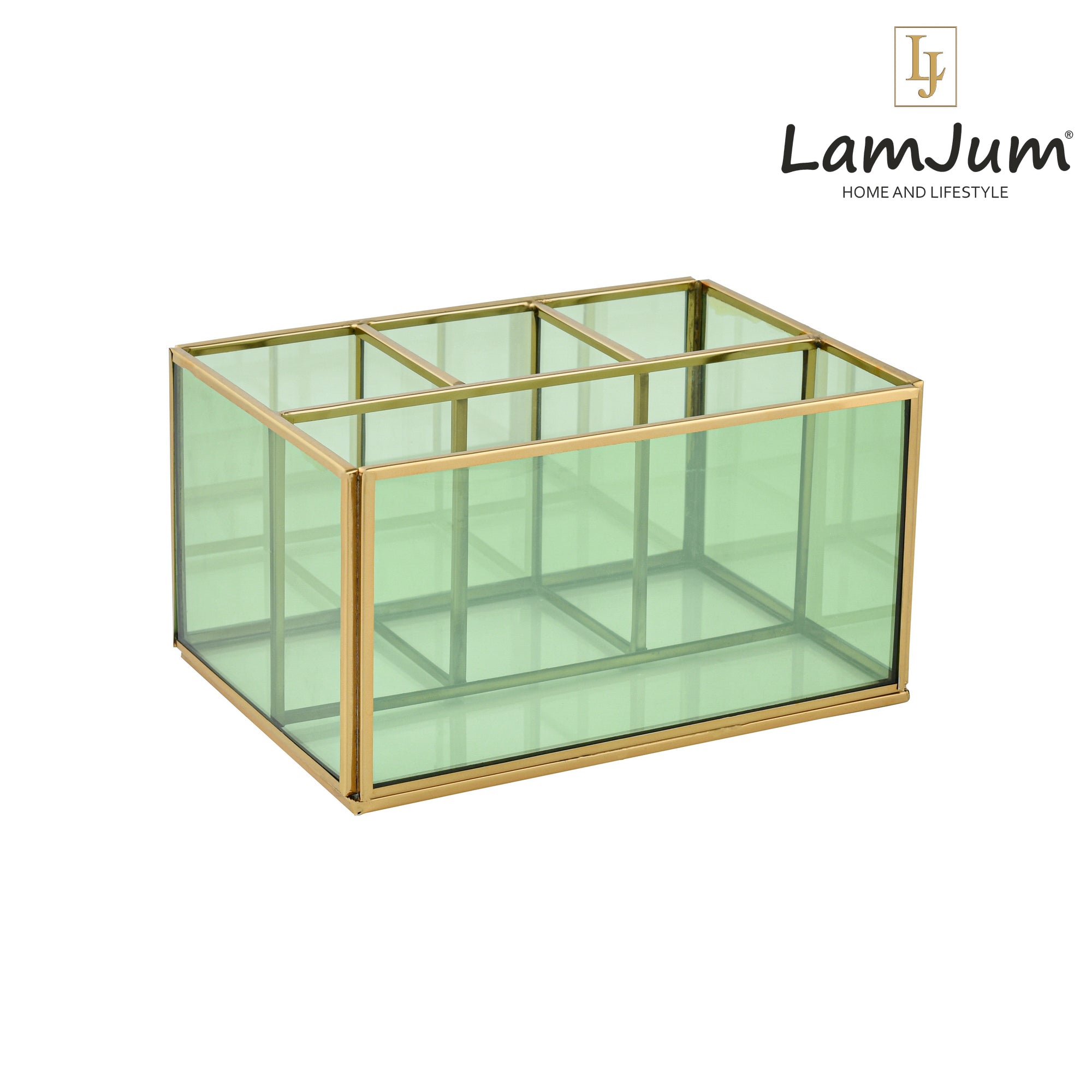 LamJum Multi Compartment Green Glass Organiser and Tissue Holder with Gold Rim.