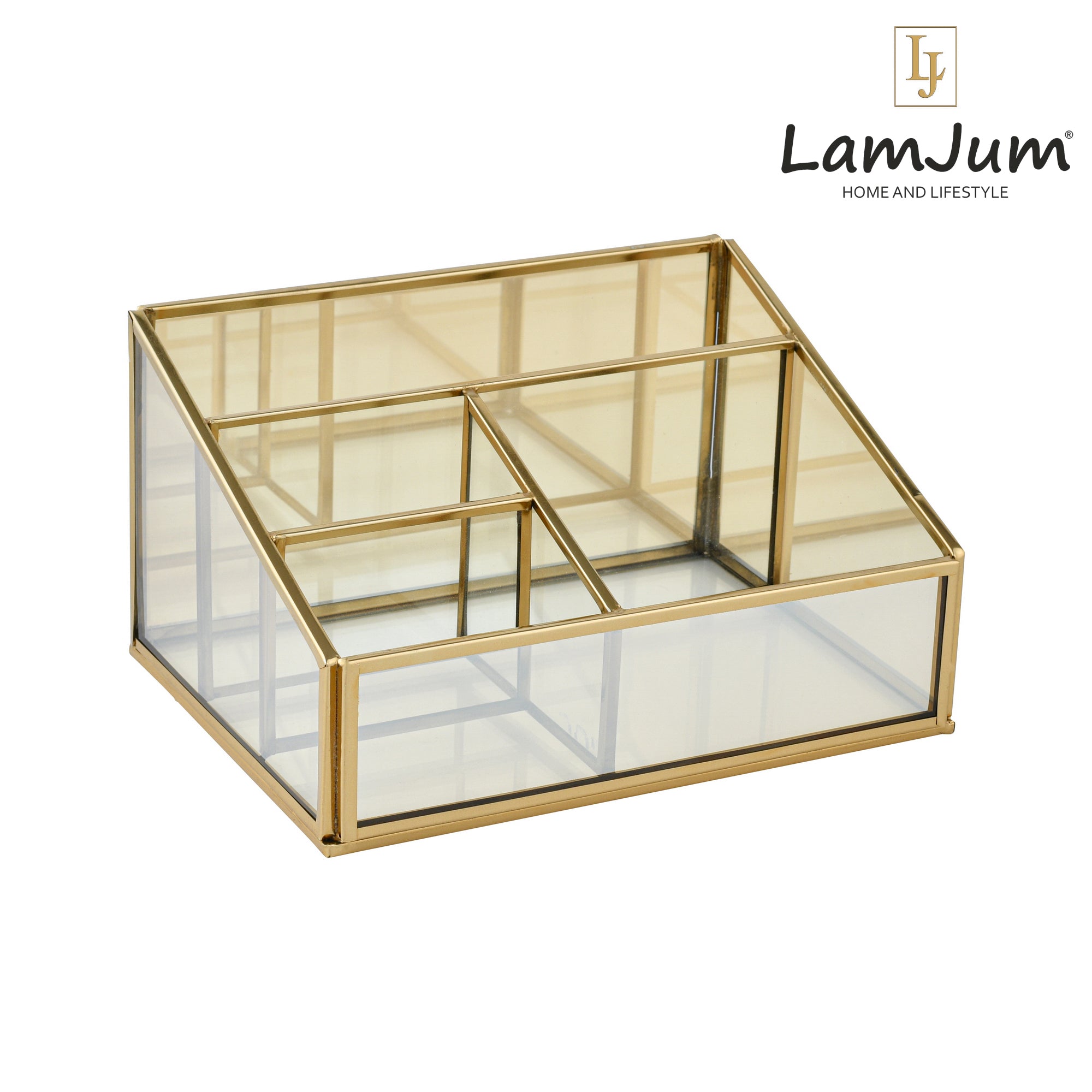 LamJum Multi Compartment Gold Glass Organiser with Gold Rim.