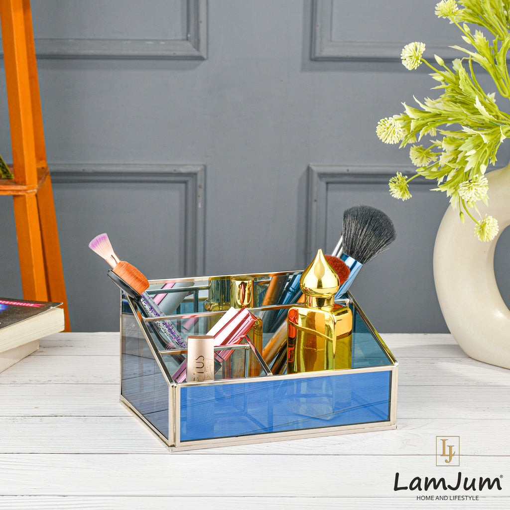 LamJum Multi Compartment Blue Glass Organiser with Silver Rim.