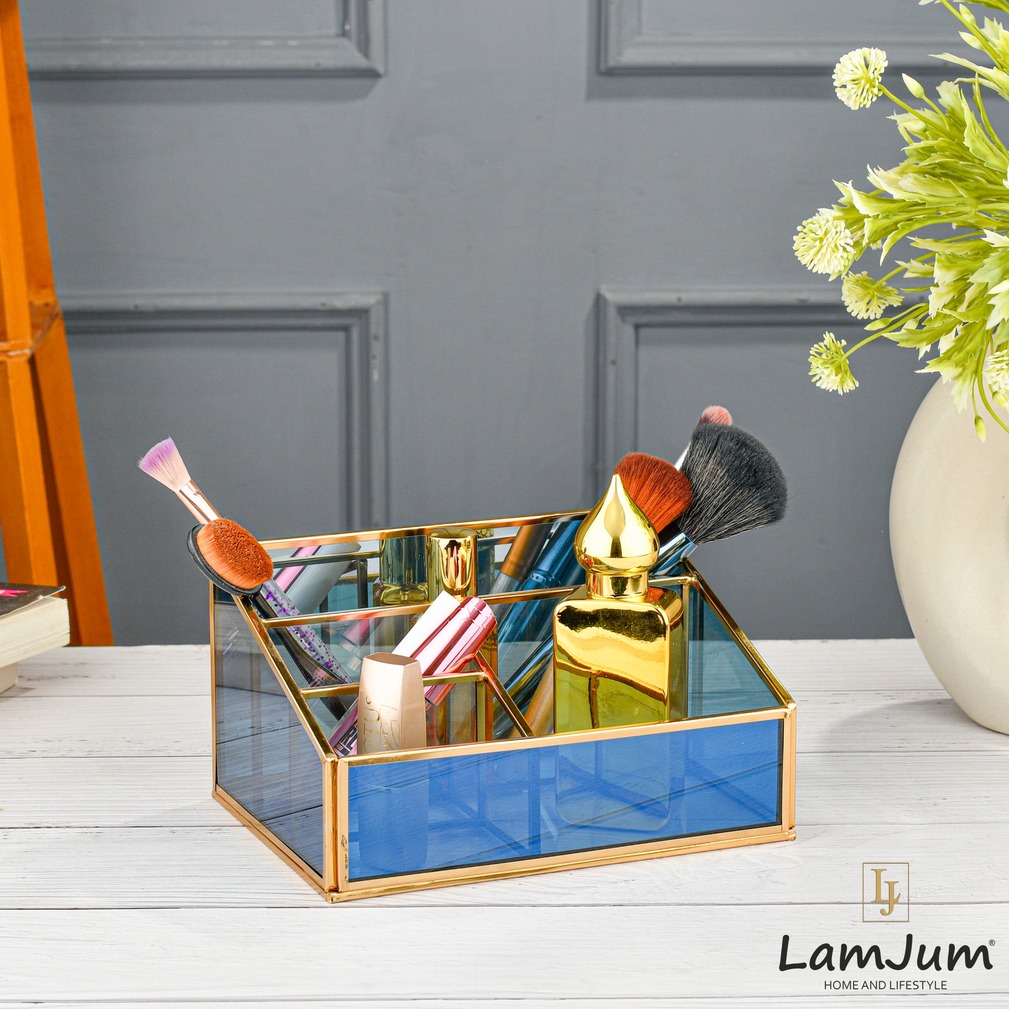 LamJum Multi Compartment Blue Glass Organiser with Gold Rim.