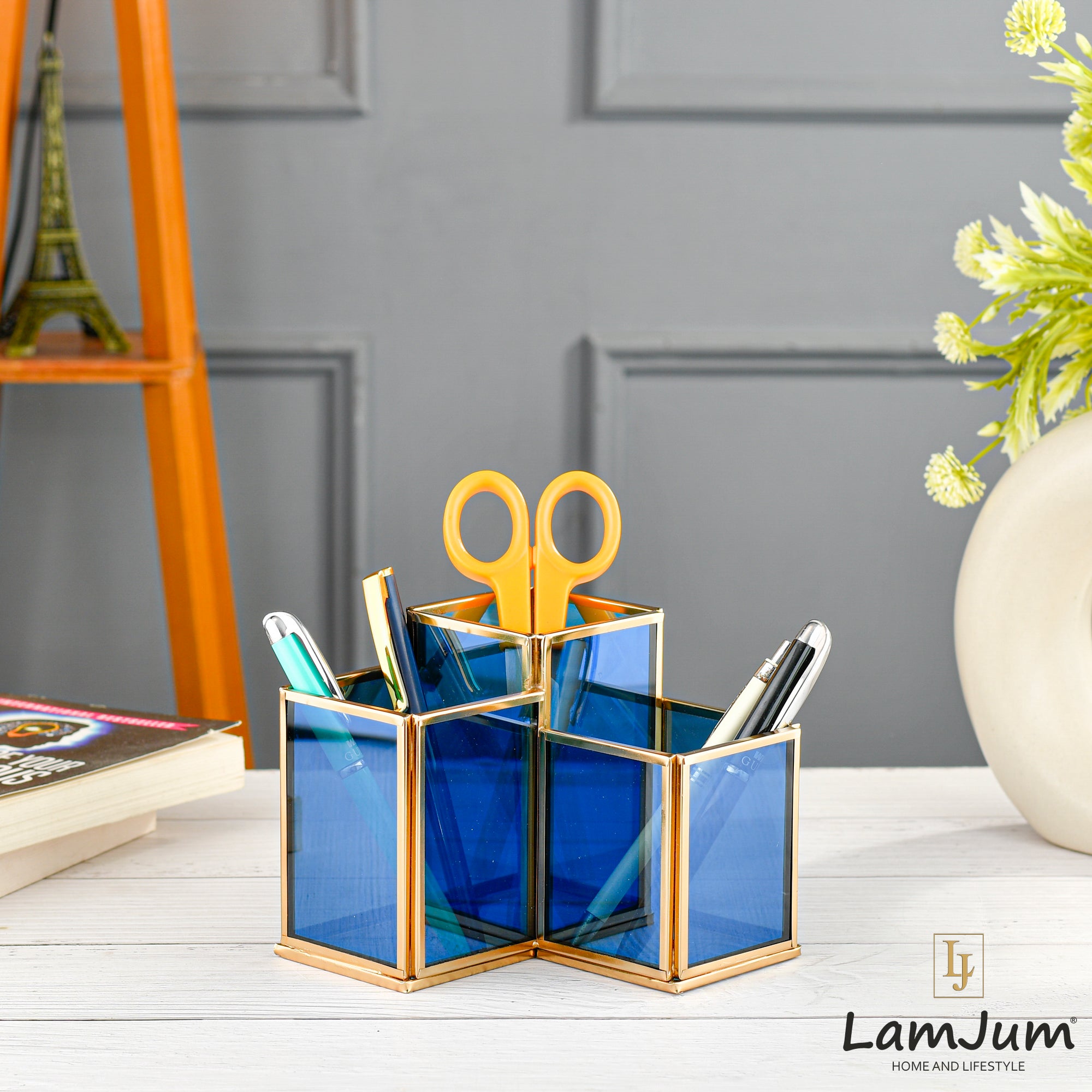 LamJum Geometric Stepped Multi-Purpose Blue Glass Three Compartments Organiser with Gold Rim.