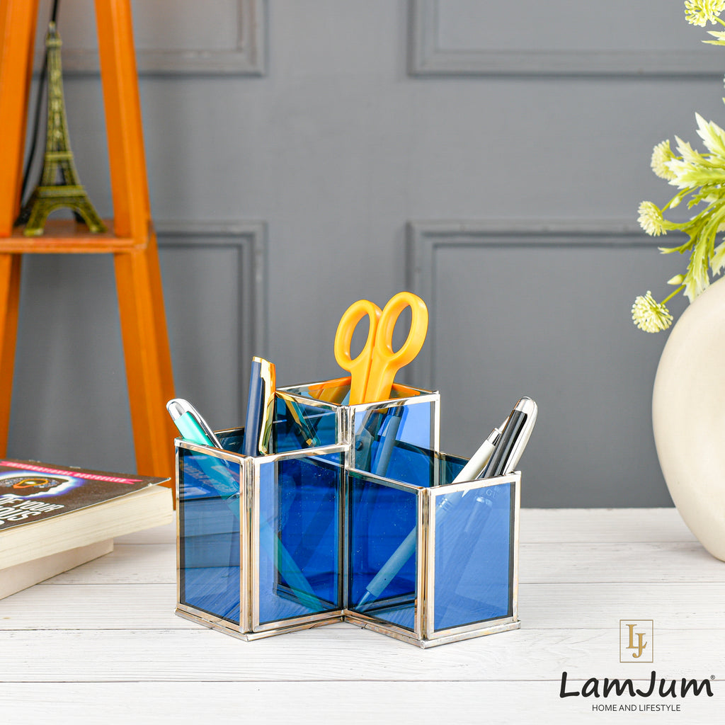 LamJum Geometric Stepped Multi-Purpose Blue Glass Three Compartments Organiser with Silver Rim.