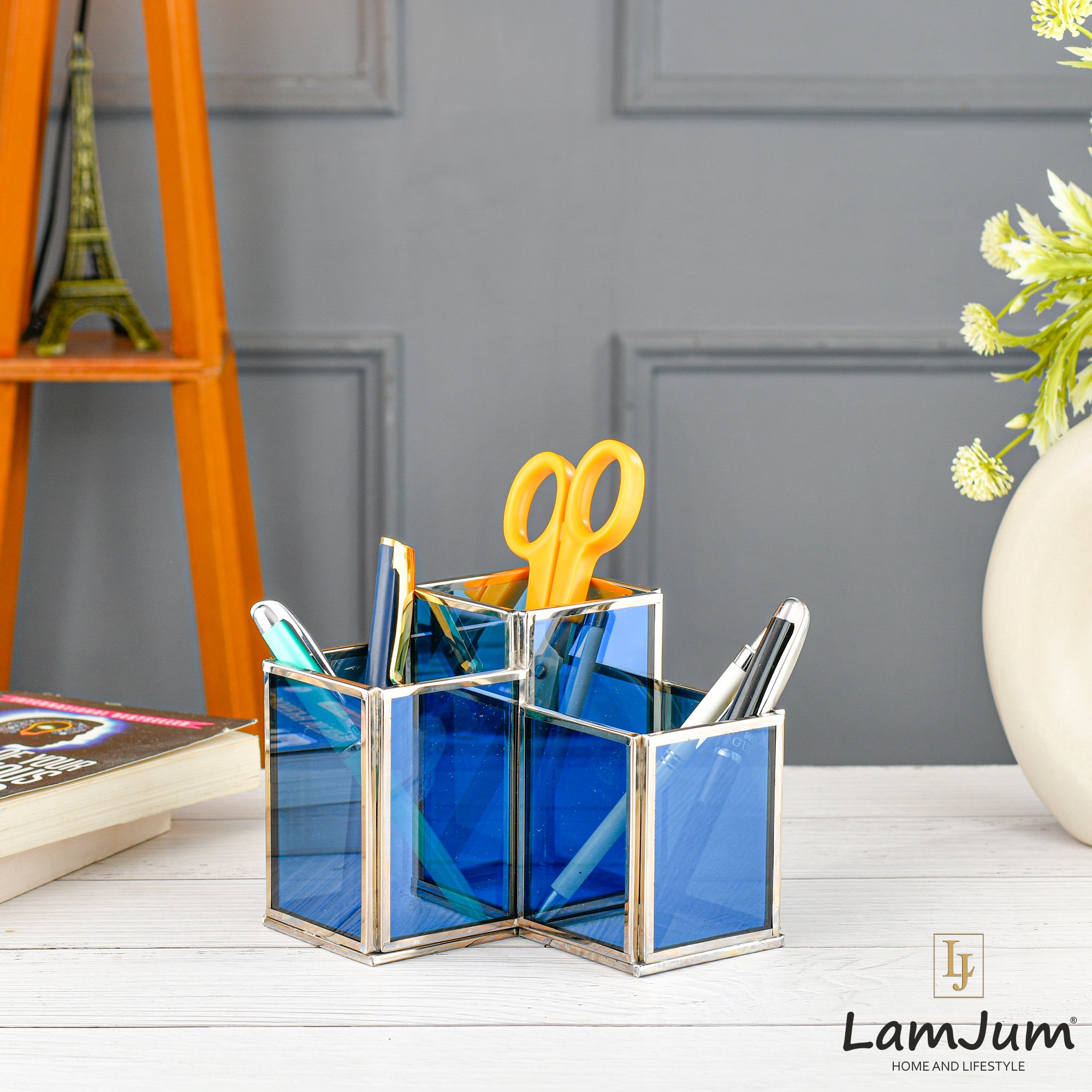 LamJum Geometric Stepped Multi-Purpose Blue Glass Three Compartments Organiser with Silver Rim.