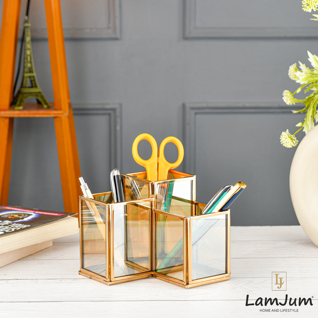 LamJum Geometric Stepped Multi-Purpose Gold Glass Three Compartments Organiser with Gold Rim.