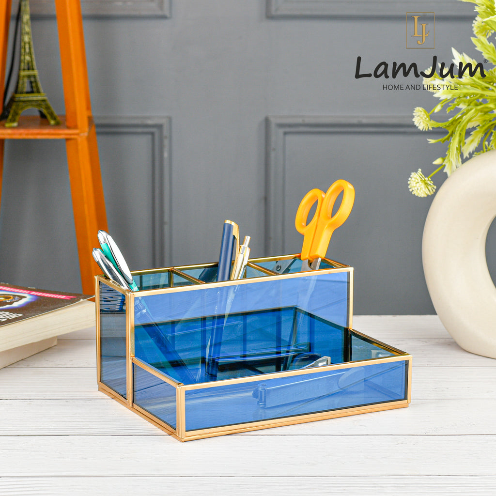 LamJum Multi Compartment Blue Glass Organiser with Gold Rim.
