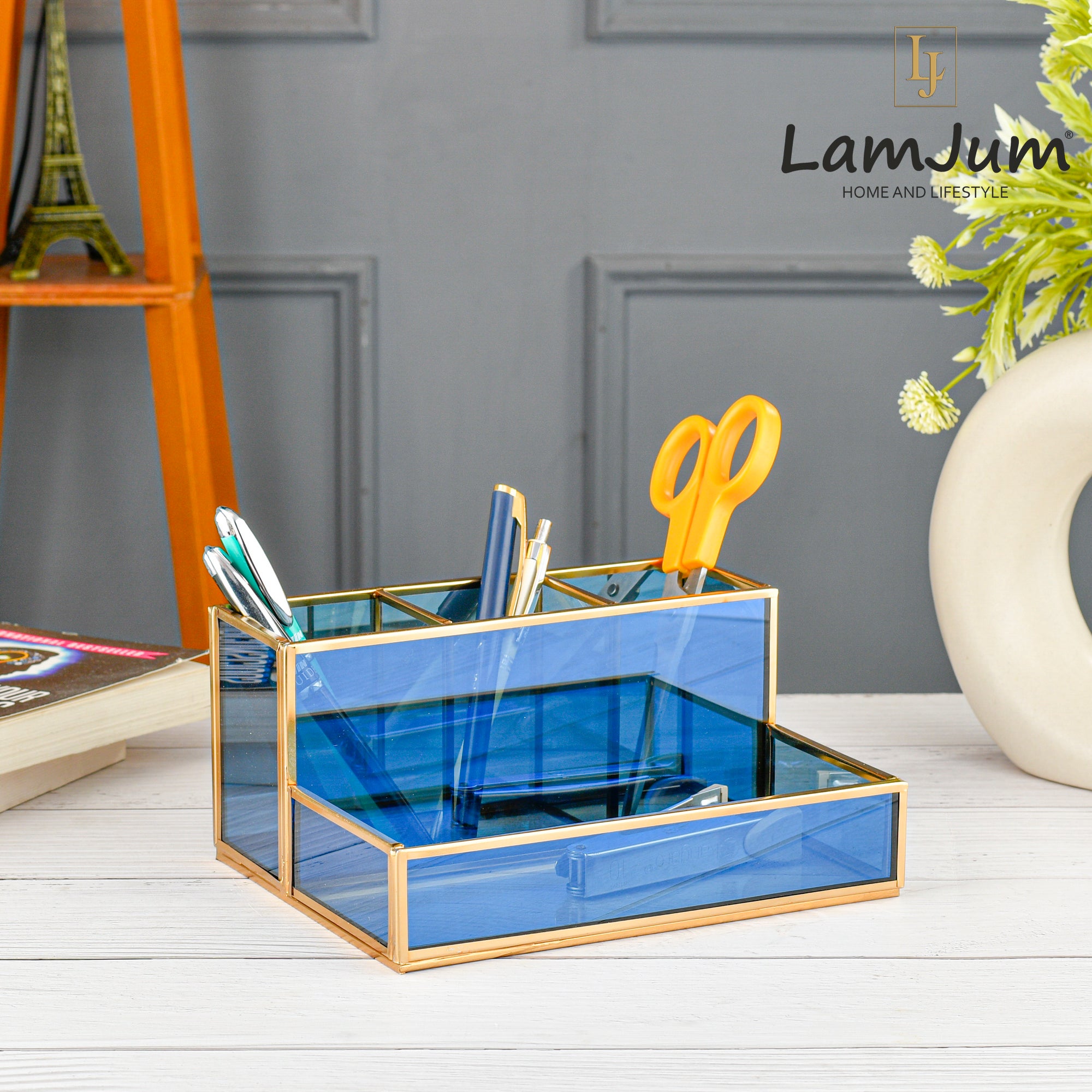LamJum Multi Compartment Blue Glass Organiser with Gold Rim.