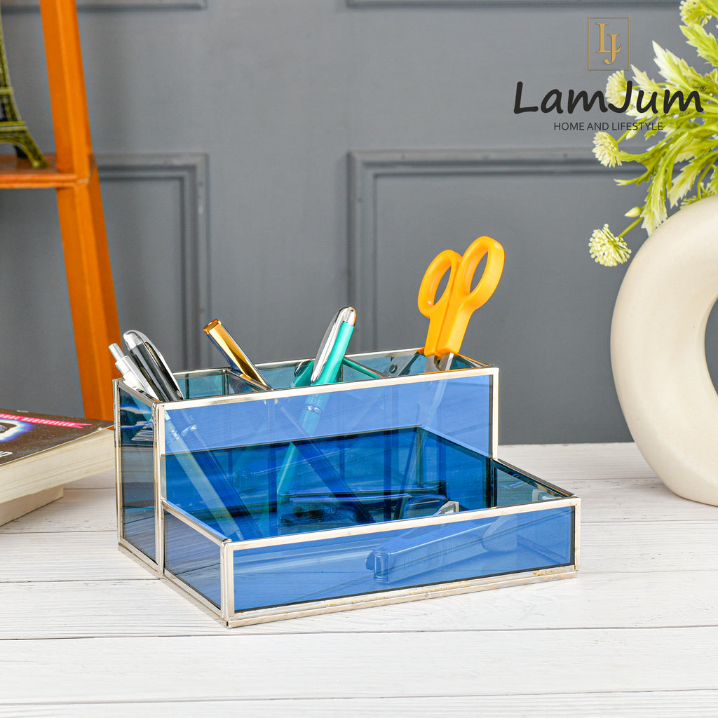LamJum Multi Compartment Blue Glass Organiser with Silver Rim.