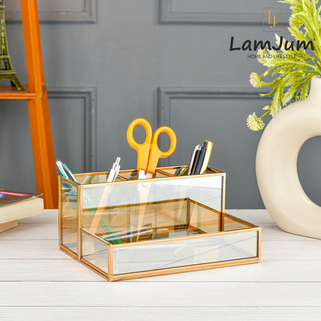 LamJum Multi Compartment Gold Glass Organiser with Gold Rim.
